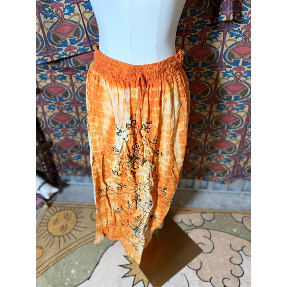 Boho Orange Tie Dye Maxi Skirt‎ Embroidered Free Size Drawstring Waist
